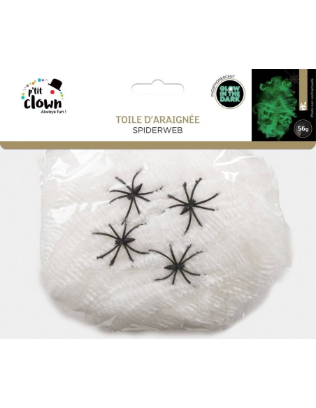 Toile d’Araignée Phosphorescente 56 g – Blanche (brille dans le noir) + 4 Araignées Noires