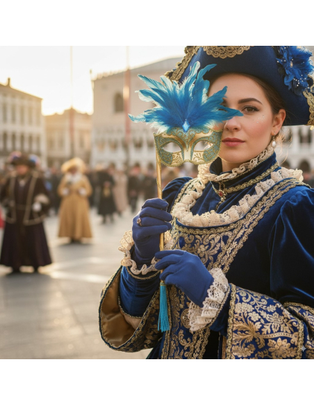 Masque Vénitien à Plumes et Strass : L'Élégance à la Baguette