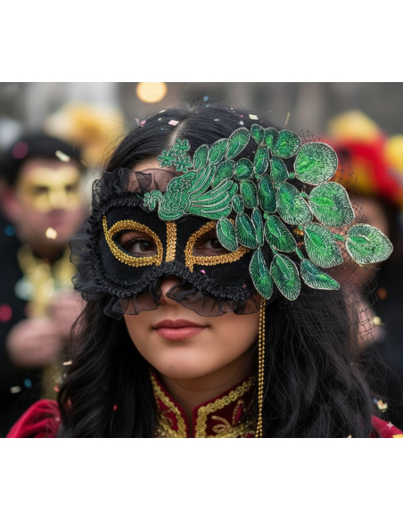 Masque Carnaval de Venise Deluxe Femme - Masque Loup Noir et Vert