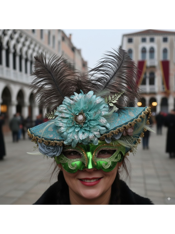 Masque Baroque Vénitien avec Plumes et Fleurs – Élégance et Raffinement