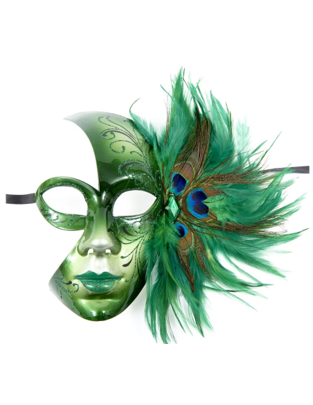Masque Vénitien Vert avec Plumes – Carnaval de Venise Mixte