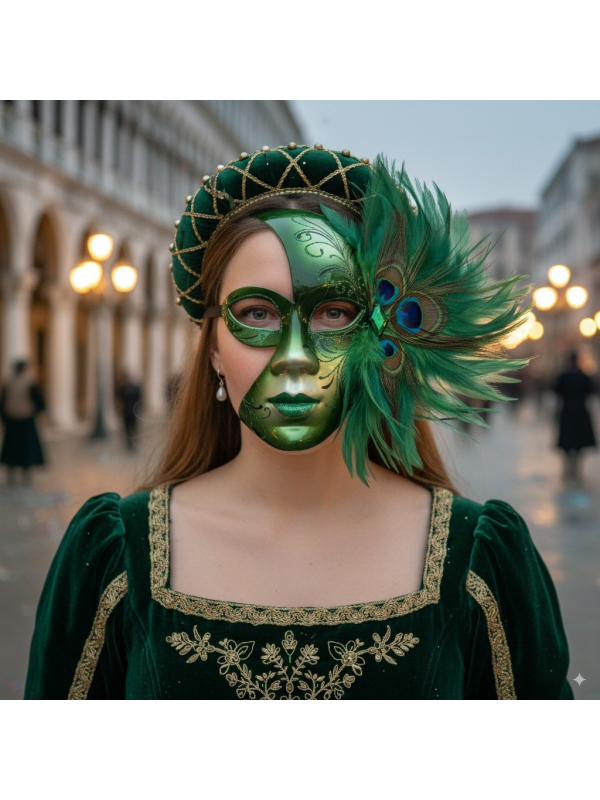 Masque Vénitien Vert avec Plumes – Carnaval de Venise Mixte