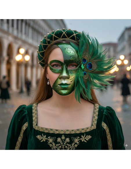 Masque Vénitien Vert avec Plumes – Carnaval de Venise Mixte