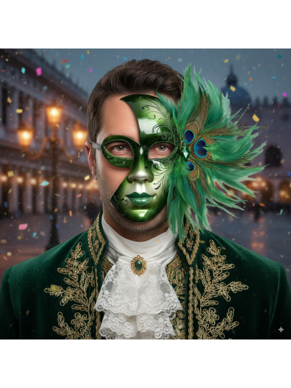 Masque Vénitien Vert avec Plumes – Carnaval de Venise Mixte