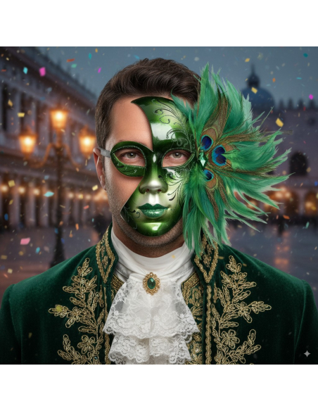 Masque Vénitien Vert avec Plumes – Carnaval de Venise Mixte