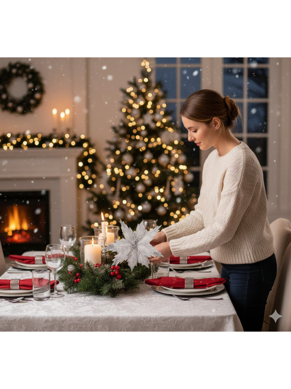 Fleur de Noël Argent 25 cm – Décoration Étincelante pour Sapin, Table et Vitrine