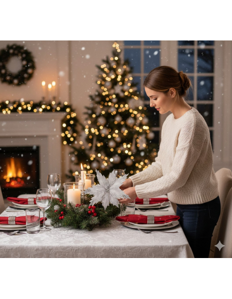 Fleur de Noël Argent 25 cm – Décoration Étincelante pour Sapin, Table et Vitrine
