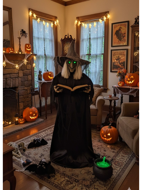 Automate Sorcière Halloween Géante 1.90m avec Grimoire - Effet Frisson Garanti