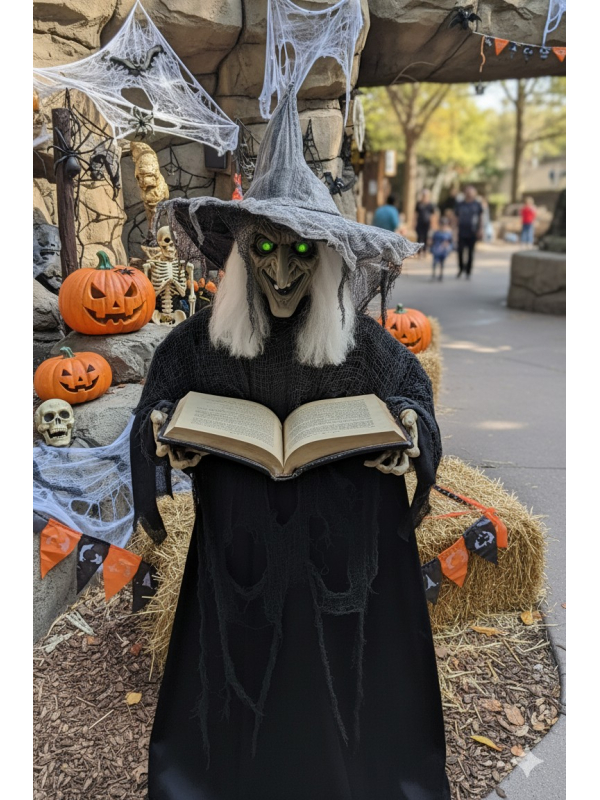 Automate Sorcière Halloween Géante 1.90m avec Grimoire - Effet Frisson Garanti