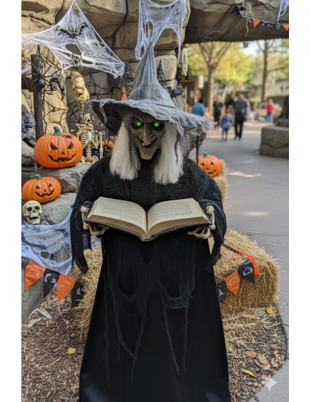 Automate Sorcière Halloween Géante 1.90m avec Grimoire - Effet Frisson Garanti