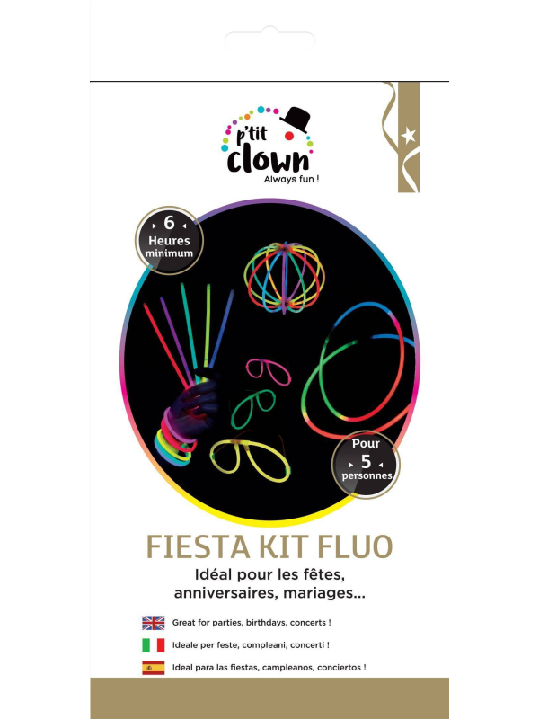 Kit lumineux Fiesta multicolore – 10 bracelets, 5 lunettes et 5 pailles fluo