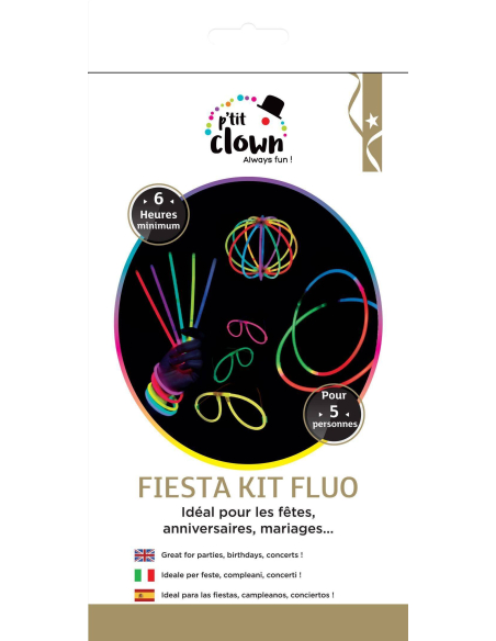Kit lumineux Fiesta multicolore – 10 bracelets, 5 lunettes et 5 pailles fluo