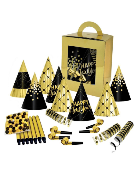 Kit cotillons 10 personnes – Coffret festif noir et or pour Nouvel An