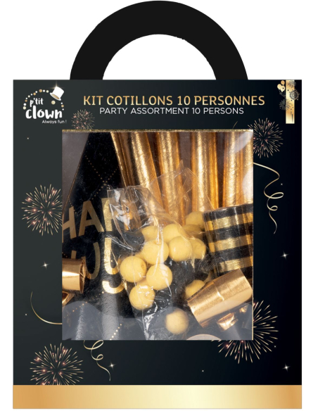 Kit cotillons 10 personnes – Coffret festif noir et or pour Nouvel An
