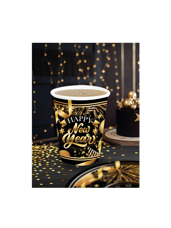 Gobelets Nouvel An 240 ml (lot de 6) – Noir et doré Happy New Year