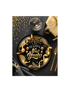 Assiettes Nouvel An 23 cm (lot de 6) – Noir et doré Happy New Year