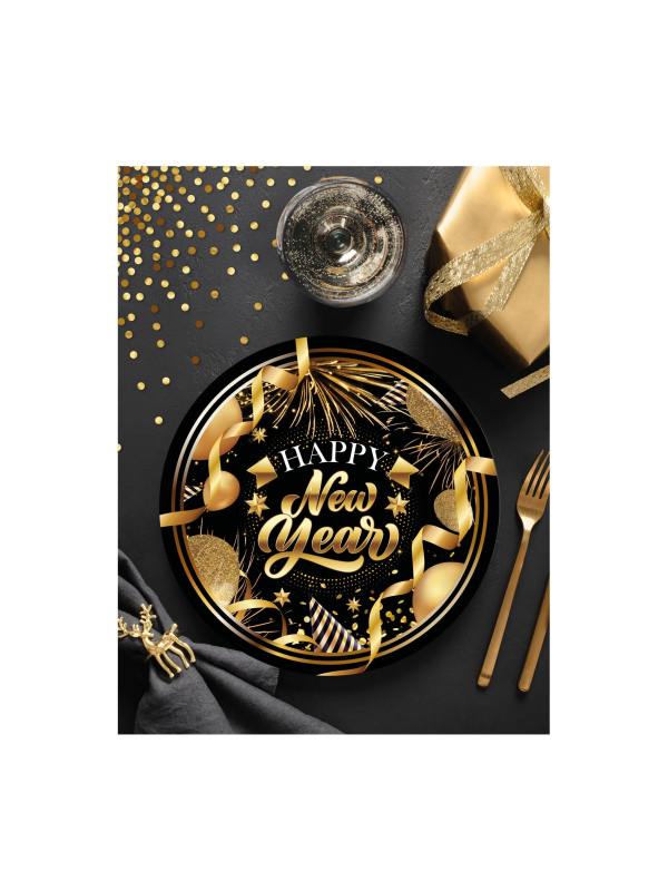 Assiettes Nouvel An 23 cm (lot de 6) – Noir et doré Happy New Year