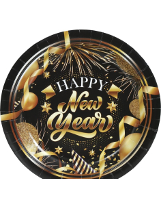 Assiettes Nouvel An 23 cm (lot de 6) – Noir et doré Happy New Year 2