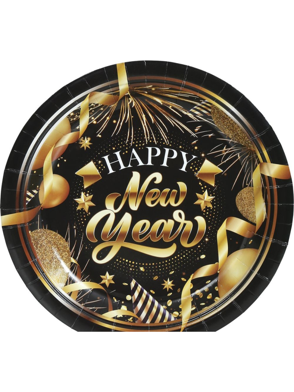 Assiettes Nouvel An 23 cm (lot de 6) – Noir et doré Happy New Year