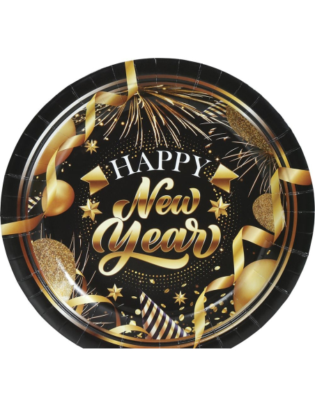 Assiettes Nouvel An 23 cm (lot de 6) – Noir et doré Happy New Year