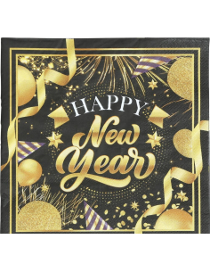 Serviettes Nouvel An 16 × 16 cm (lot de 20) – Noir et doré Happy New Yea