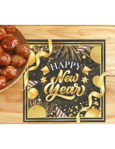 Serviettes Nouvel An 16 × 16 cm (lot de 20) – Noir et doré Happy New Yea 2
