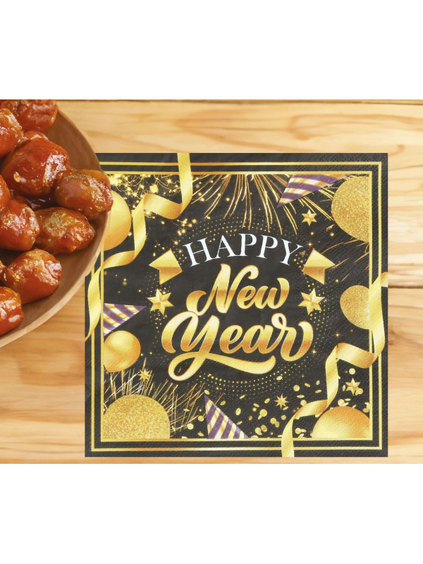 Serviettes Nouvel An 16 × 16 cm (lot de 20) – Noir et doré Happy New Yea