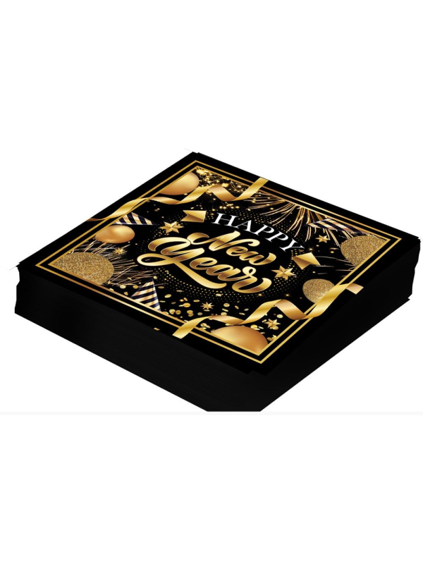 Serviettes Nouvel An 16 × 16 cm (lot de 20) – Noir et doré Happy New Yea
