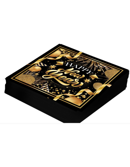 Serviettes Nouvel An 16 × 16 cm (lot de 20) – Noir et doré Happy New Yea