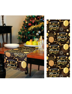 Chemin de table Nouvel An 28x300 cm – Décoration Happy New Year noire et dorée