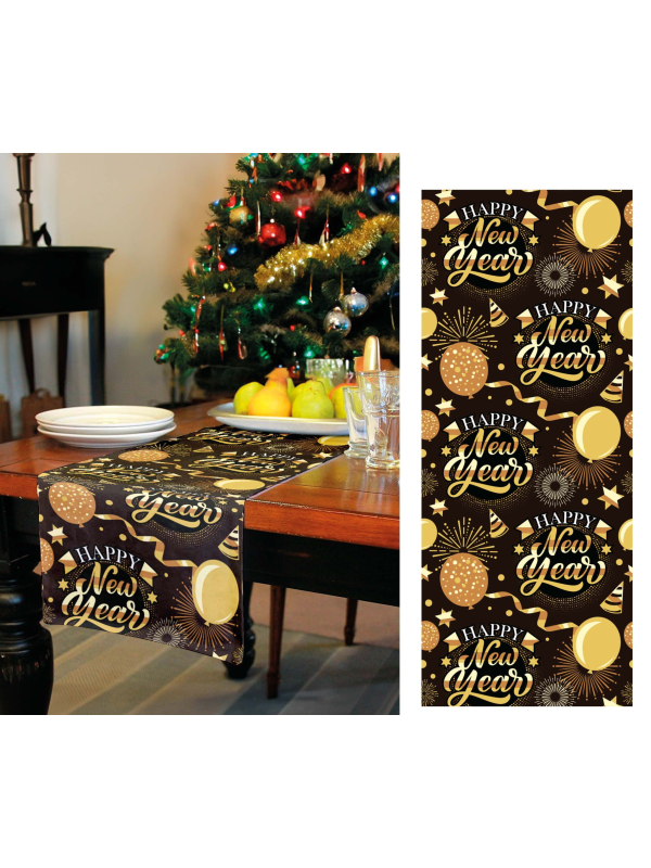 Chemin de table Nouvel An 28x300 cm – Décoration Happy New Year noire et dorée