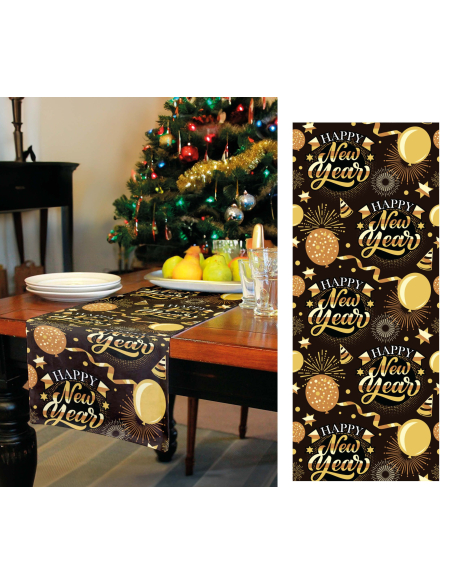 Chemin de table Nouvel An 28x300 cm – Décoration Happy New Year noire et dorée