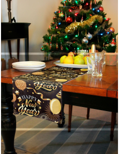 Chemin de table Nouvel An 28x300 cm – Décoration Happy New Year noire et dorée 2