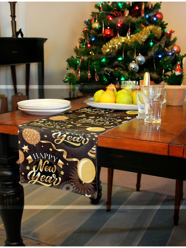 Chemin de table Nouvel An 28x300 cm – Décoration Happy New Year noire et dorée