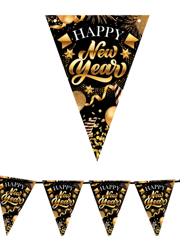 Guirlande de fanions Nouvel An 300 cm – Happy New Year noir et or