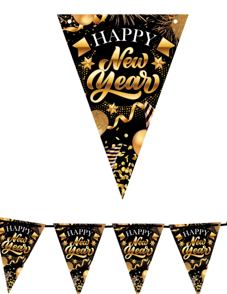 Guirlande de fanions Nouvel An 300 cm – Happy New Year noir et or