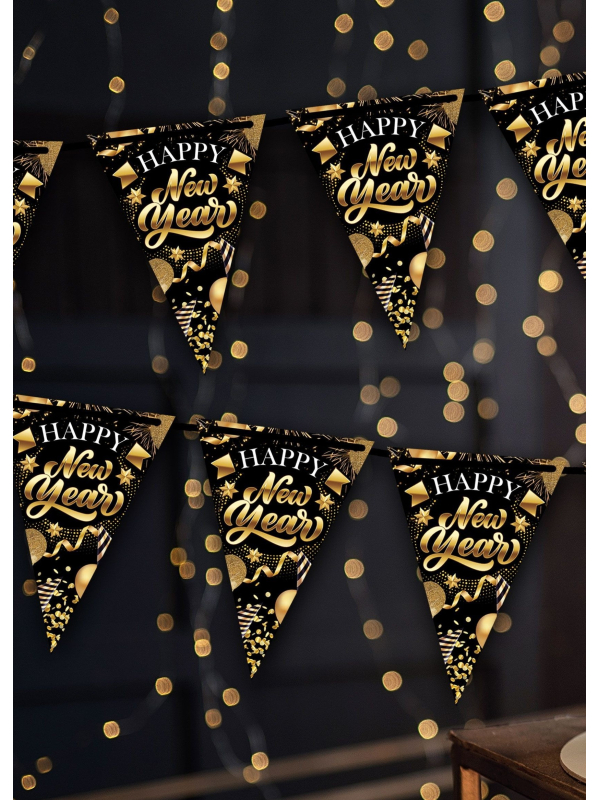 Guirlande de fanions Nouvel An 300 cm – Happy New Year noir et or