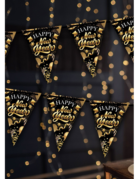Guirlande de fanions Nouvel An 300 cm – Happy New Year noir et or