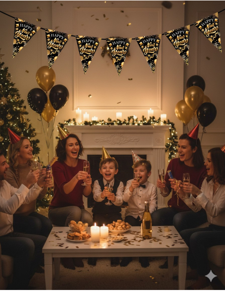 Guirlande de fanions Nouvel An 300 cm – Happy New Year noir et or