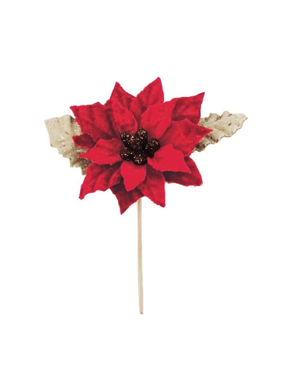 Poinsettia rouge sur tige avec feuilles dorées 6 x 9 cm – Décoration de Noël