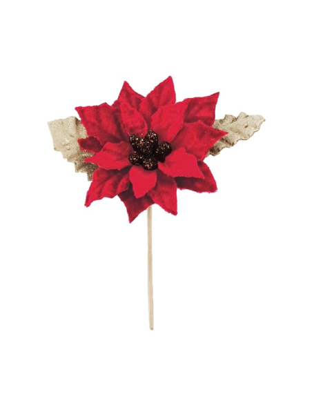 Poinsettia rouge sur tige avec feuilles dorées 6 x 9 cm – Décoration de Noël