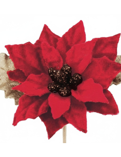 Poinsettia rouge sur tige avec feuilles dorées 6 x 9 cm – Décoration de Noël
