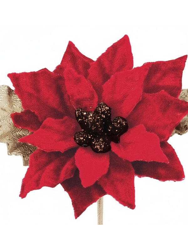 Poinsettia rouge sur tige avec feuilles dorées 6 x 9 cm – Décoration de Noël