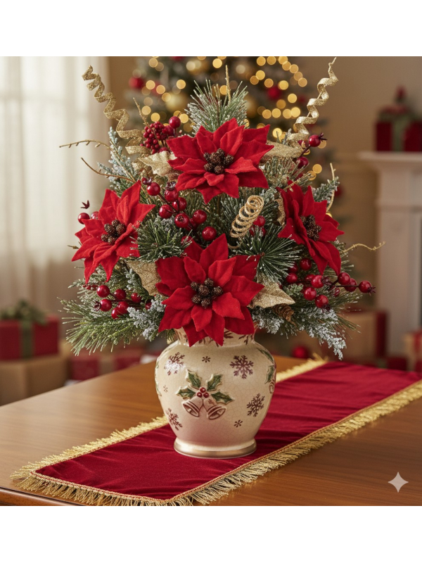 Poinsettia rouge sur tige avec feuilles dorées 6 x 9 cm – Décoration de Noël