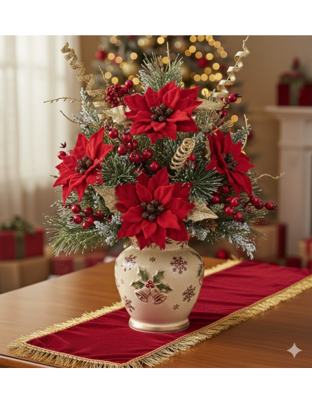 Poinsettia rouge sur tige avec feuilles dorées 6 x 9 cm – Décoration de Noël