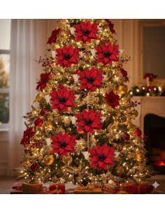 Poinsettia rouge sur tige avec feuilles dorées 6 x 9 cm – Décoration de Noël 2