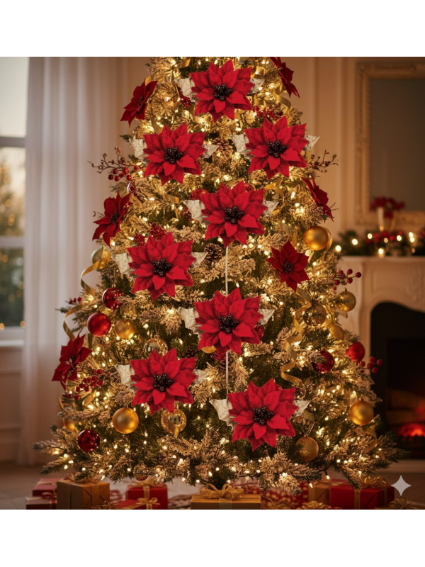 Poinsettia rouge sur tige avec feuilles dorées 6 x 9 cm – Décoration de Noël