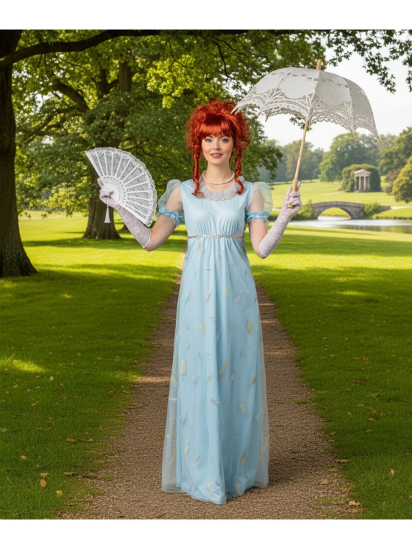Robe Empire Régence Bleue – Déguisement élégant style Bridgerton & Jane Austen