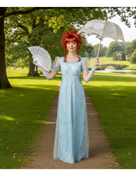 Robe Empire Régence Bleue – Déguisement élégant style Bridgerton & Jane Austen
