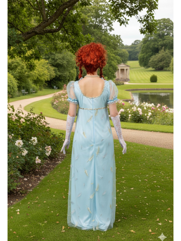 Robe Empire Régence Bleue – Déguisement élégant style Bridgerton & Jane Austen